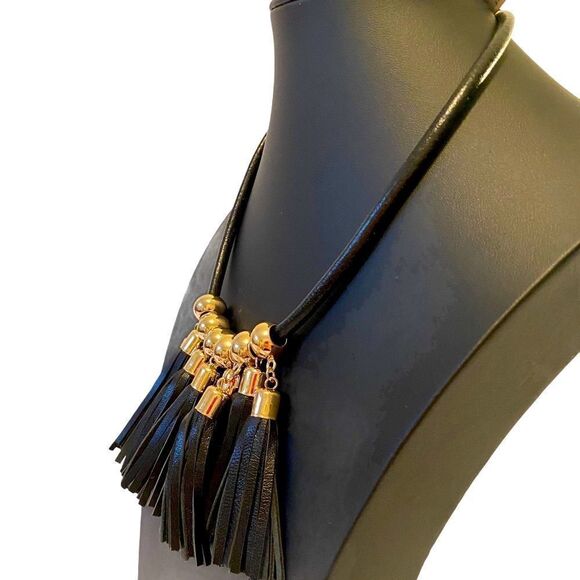 WHBM Gold & Black Leather Fringe Statement Necklace. Stunner! Have one myself! - Picture 5 of 5